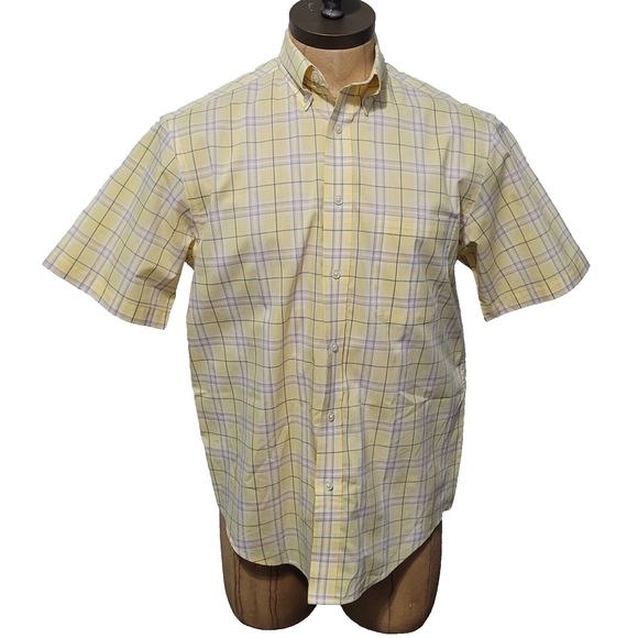 ROUNDTREE & YORKE Easy Care Shirt Mens M Yellow Plaid Short Sleeve Butto… - Picture 2 of 11